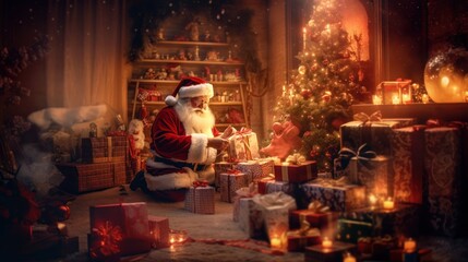 Santa Claus is sitting on the floor near the Christmas tree with gifts. Christmas Greeting Card. Christmas Concept.  Santa Claus.