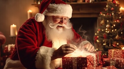 Fototapeta na wymiar Portrait of Santa Claus opening gift box at home in Christmas eve
