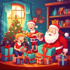 Obraz na płótnie Canvas Cartoon christmas scene with santa claus and kids - illustration for children