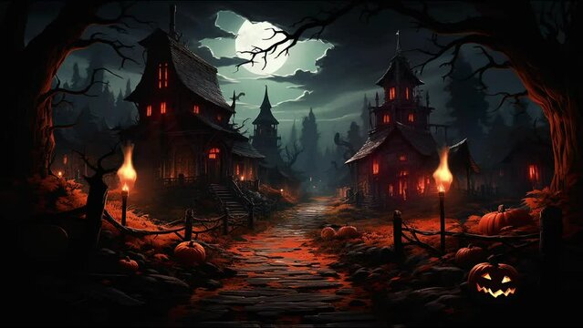 "Immerse in a haunted house setting with eerie pumpkins and flickering fire. Ideal for Vtubers' music visualizer; this lo-fi Halloween design sets a spooky ambiance."
