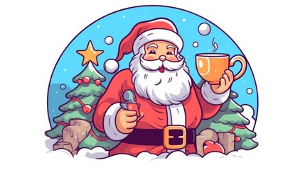 Santa Claus drinking hot tea or coffee in the winter forest.  christmas greeting card. Christmas concept. christmas postcard.