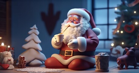 Santa Claus with a cup of hot drink in his hands.  christmas greeting card. Christmas concept. christmas postcard. - obrazy, fototapety, plakaty