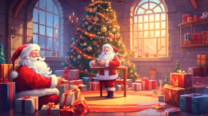 Santa Claus with presents near the christmas tree. christmas postcard. new year. christmas concept. Santa Clause. 