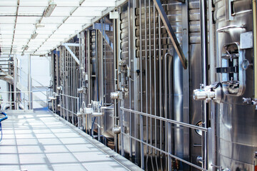 Large tanks for fermentation in the modern winery