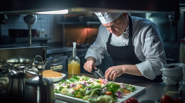 A chef preparing a salad in a kitchen. Generative AI.