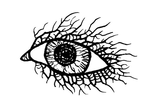 Twig branch eyes eyelashes pupils piercing gaze cartoon tattoo print stamp