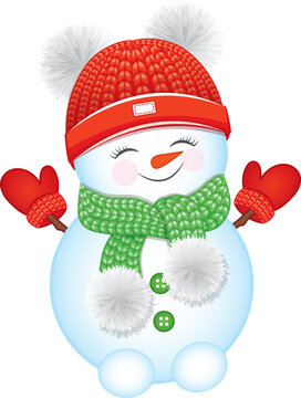 recommend clip art: Cute Snowman in Knitted Hat with Pom Poms, Scarf and Mittens. Vector Snowman