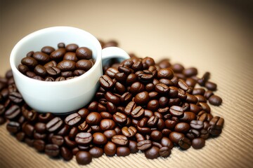 Fototapeta premium coffee beans on mug, cup, texture, roasted coffee bean