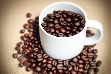 coffee beans on mug, cup, texture, roasted coffee bean