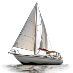 Fototapeta premium A small yacht is sailing in the ocean. Low angle view. Isolated on white background.