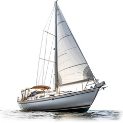 Fototapeta premium A small yacht is sailing in the ocean. Low angle view. Isolated on white background.