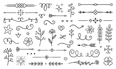 Decorative elements doodle set. Boho arrows, ribbons, text dividers. Divider ornament, corner borders, lines. Hand drawn vector illustration isolated on white background