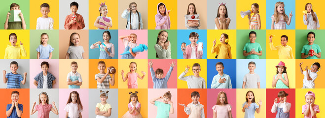 Big collage of funny children on color background