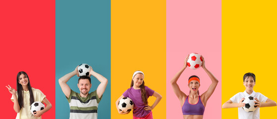 Collage of people with soccer balls on color background