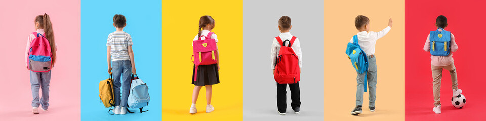 Collection of little school children with backpacks on color background, top view