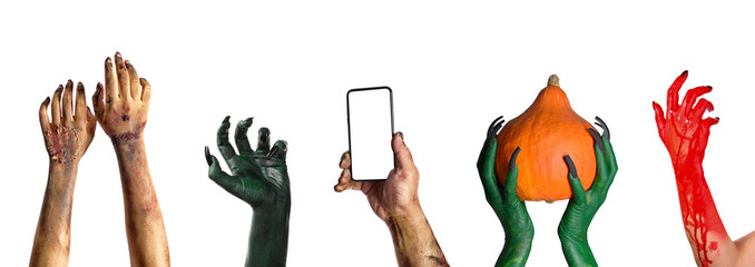 Collage of monster's hands for Halloween on white background