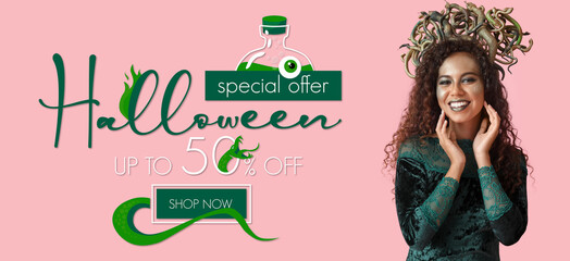 Banner for Halloween sale with woman in costume