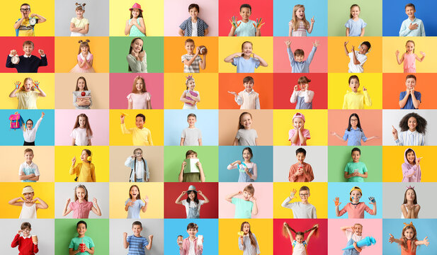 Big collage of cute children on color background