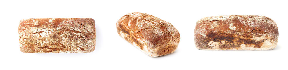 Collage of fresh bread loaves on white background