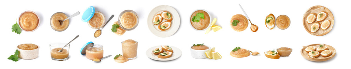 Collage of capelin caviar on white background