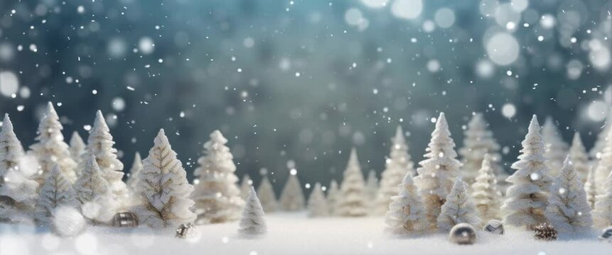 Anamorphic video Snow covered seasonal winter forest diorama with Christmas decoration elements and blurred bokeh light background.