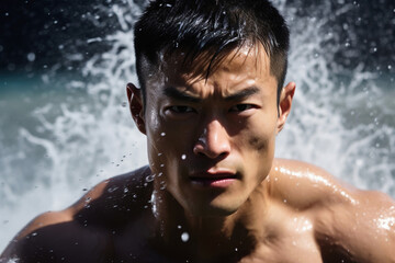 Fototapeta na wymiar Young male professional muscular swimmer, man swimming front view, closeup with water splash