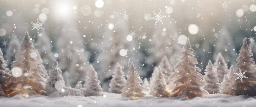 Anamorphic video Snow covered seasonal winter forest diorama with Christmas decoration elements and blurred bokeh light background.