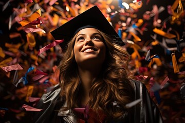 Obraz premium A triumphant scene unfolds as graduates exuberantly throw their caps into the air, celebrating their hard-earned diplomas and the culmination of years of academic dedication