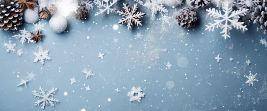 Anamorphic video New Year composition white Christmas snowflakes. Christmas decor background with pine cones
