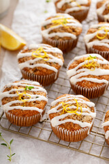 Lemon zucchini muffins with thyme and cream cheese glaze