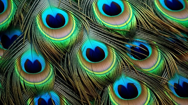 Photo of a vibrant and intricate close-up of a peacock's feathers, background.