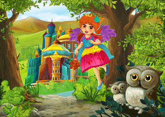Cartoon scene with owls with beautiful castle near forest - illustration