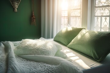 Green bedroom with green bed and bedding. Bedroom interior. Generative AI.