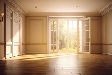 Bedroom with bed and beige bedding in sunlight. Bedroom interior. Wooden floor and sunlight. Generative AI
