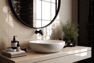 Perspective view of a stylish sunlit minimalist wooden sink cabinet with a round mirror on top with a light wall in the background in pastel colors and flowers. Cosiness. Generative AI.