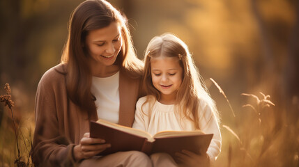 The image of a mother reading a storybook to her daughter under cinematic lighting, beautiful and lovely