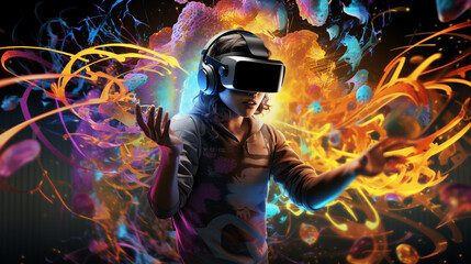 Fototapeta premium Virtual Nexus: Expressive AI-Human Fusion Amidst Digital Euphoria