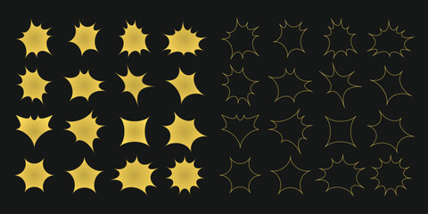 Gold like isolated silhouette and out line pointy distorted random shapes design elements template set on black background - obrazy, fototapety, plakaty
