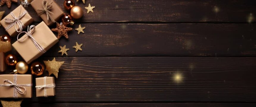 Anamorphic video Christmas flat lay with craft gift boxes, garland lights and decorations on dark wooden background.