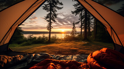 Wonderful scenery of nature seen from a tent in the mountains in the morning