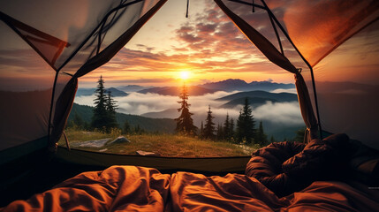 Wonderful scenery of nature seen from a tent in the mountains in the morning
