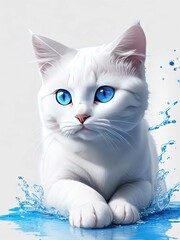 Fototapeta premium white color cat (blue eyed cat) splashing water 