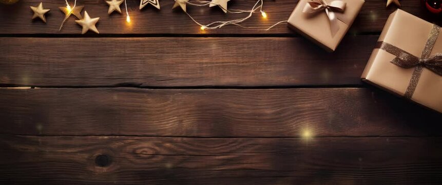 Anamorphic video Christmas flat lay with craft gift boxes, garland lights and decorations on dark wooden background.