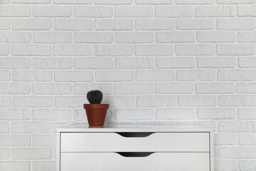 Houseplant on stylish chest of drawers near light brick wall