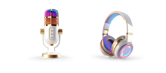 set of nice stylish and cool broadcast professional microphone and a matching yellow headphones, generic design isolated cutout on transparent png background icons for listening to music or podcast