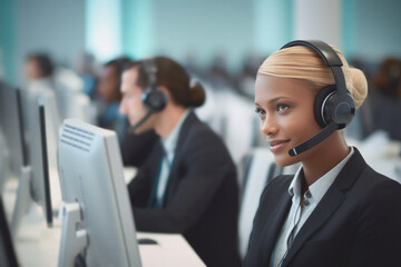 A young Afro-American blonde woman working in an office, wearing headphones, focused on listening to her clients and solving problems in a large company.