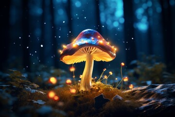 Enchanting mushroom rests amidst dark woods, Generative AI - obrazy, fototapety, plakaty