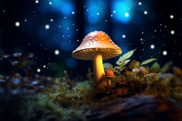 Fototapeta na wymiar Enchanting mushroom rests amidst dark woods, Generative AI
