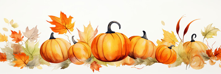 Naklejka na ściany i meble Fall watercolor border with pumpkins and fall leaves, generative AI