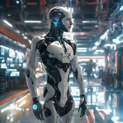 Cybernetic humanoid on factory backdrop pulsates with advanced machinery, neon lights, dynamic assembly lines, cyber, robot female